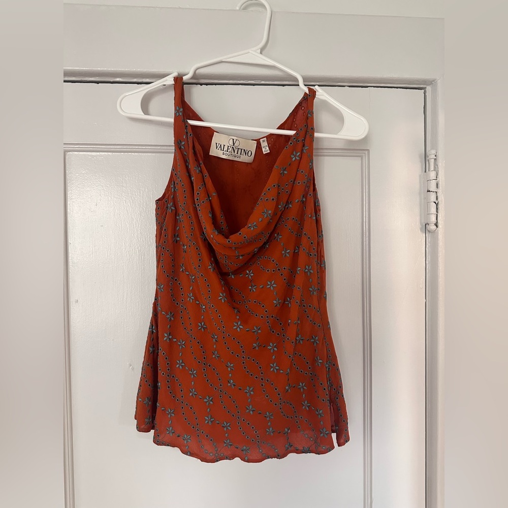 Valentino Vintage 90s 2000 Cowl Neck Eyelet Blouse Top Orange Blue